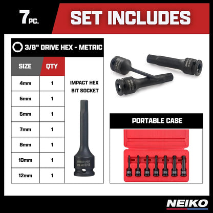 01130B 3/8" Drive Allen Socket Set, 7 Piece, 3 Inch, 3/8” Impact Hex Bit Socket Set, Metric Hex Driver 4 Mm to 12 Mm, Chrome-Moly Cr-Mo Impact Grade